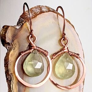 Whimsical Copper Hoop Earrings With Natural Green Prehnite Briolette Drops